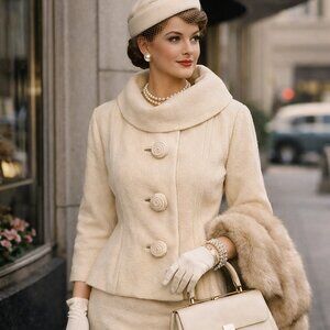 Vintage 1950s Lilli Ann Paris San Francisco Ivory Bouclé Suit • Sculpted Buttons